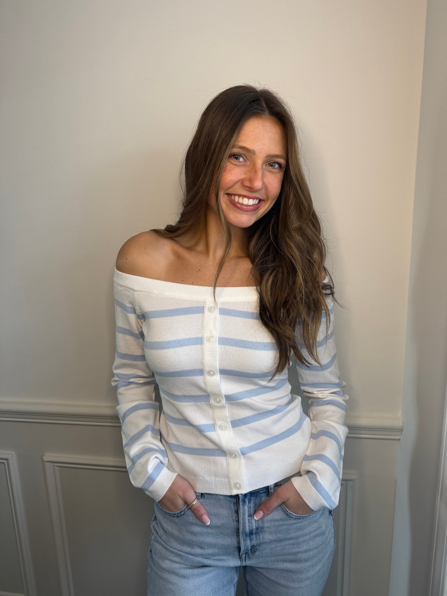 Feeling Blue Striped OTS Sweater