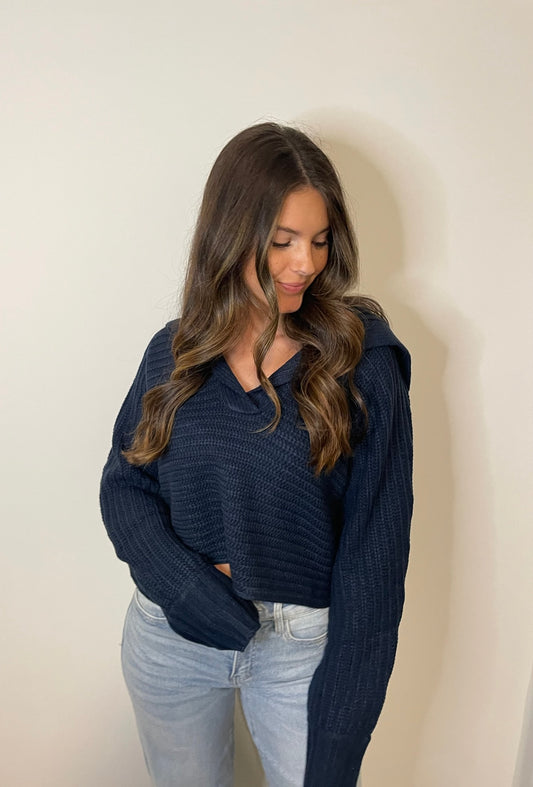 That Fall Feeling Navy V Neck Sweater