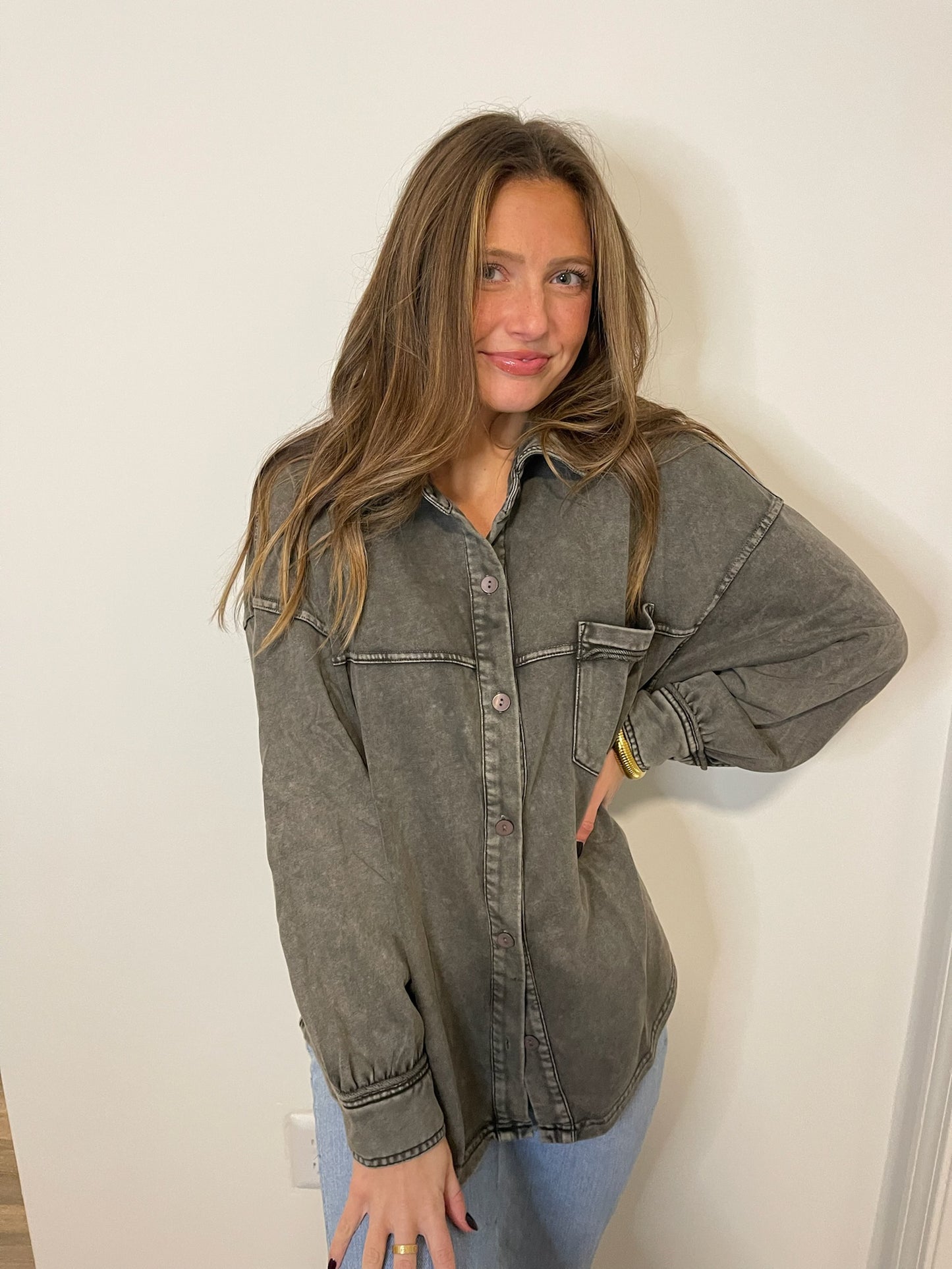 Get Comfy Grey Oversized Button Up