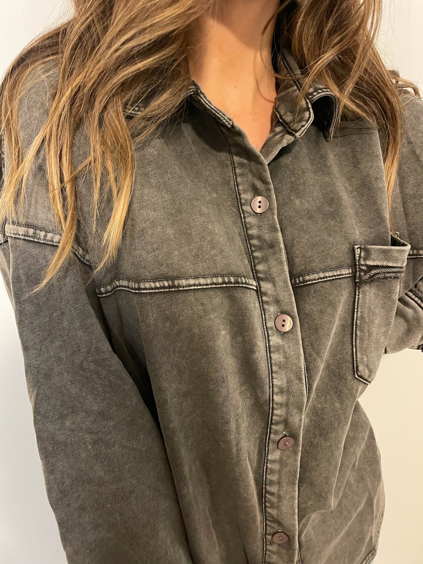 Get Comfy Grey Oversized Button Up